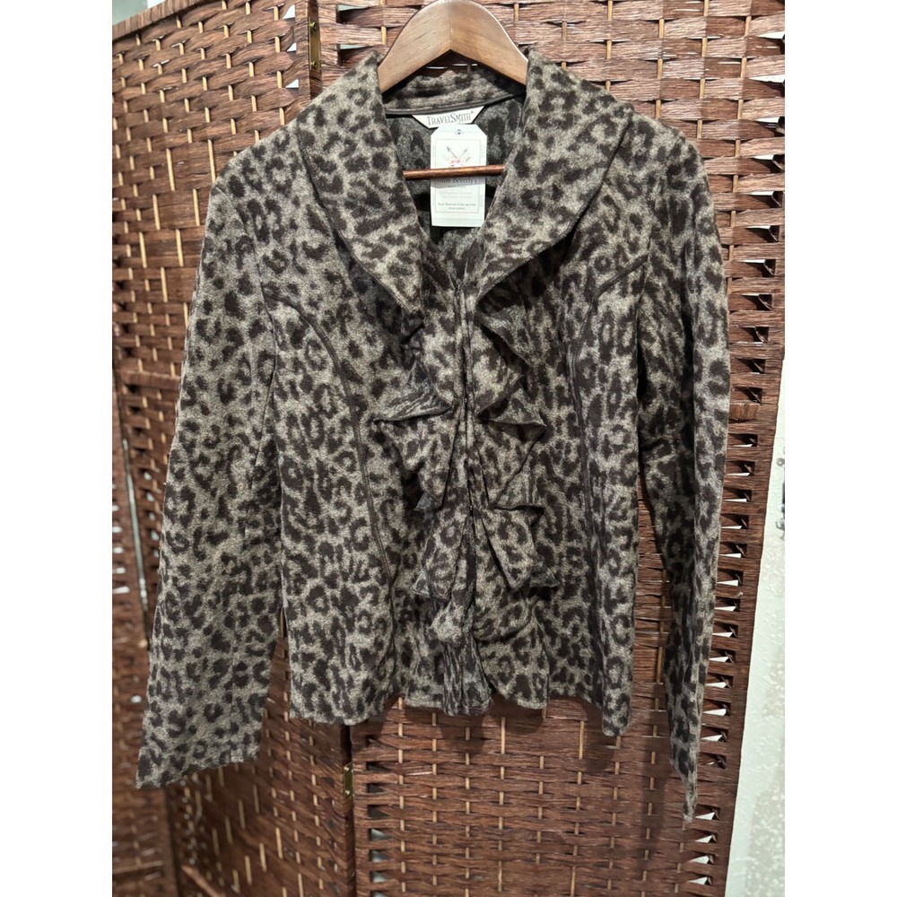 TravelSmith Women's M blazer jacket Leopard Print Ruffle Jacket